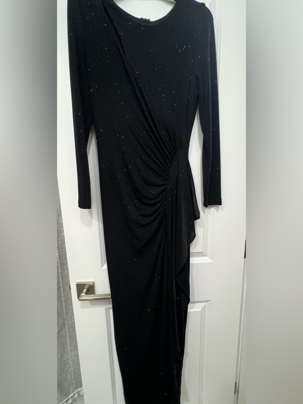 Xscape Black Long Sleeve Ruched Evening Dress with Sparkle